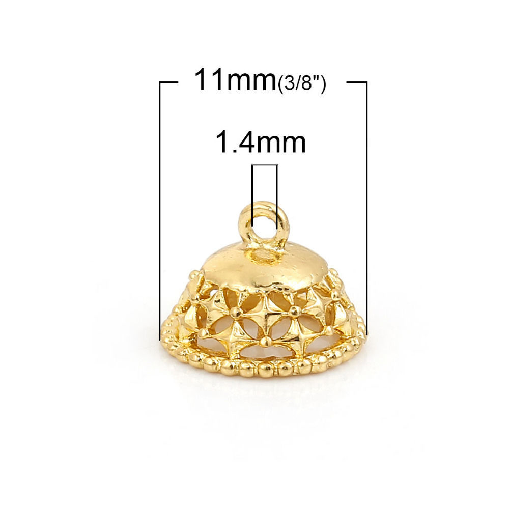 Picture of Brass Beads Caps With Loop Hat Gold Plated Hollow (Fit Beads Size: 10mm Dia.) 11mm( 3/8") x 11mm( 3/8"), 3 PCs
