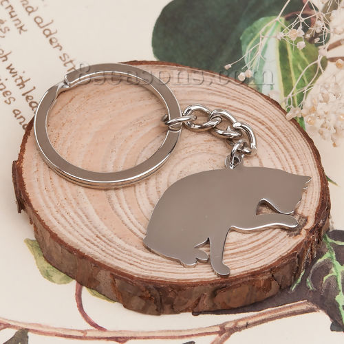 Picture of 304 Stainless Steel Pet Silhouette Blank Stamping Tags Keychain & Keyring Silver Tone Cat One-sided Polishing 80mm x 37mm, 1 Piece