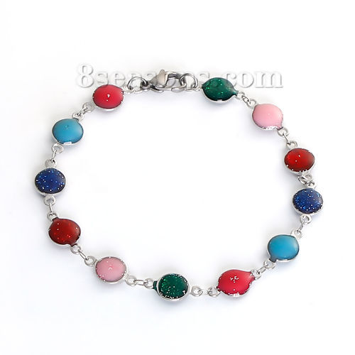 Picture of 304 Stainless Steel Bracelets Silver Tone Round Enamel Glitter 21cm(8 2/8") long, 1 Piece