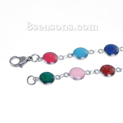 Picture of 304 Stainless Steel Bracelets Silver Tone Round Enamel Glitter 21cm(8 2/8") long, 1 Piece