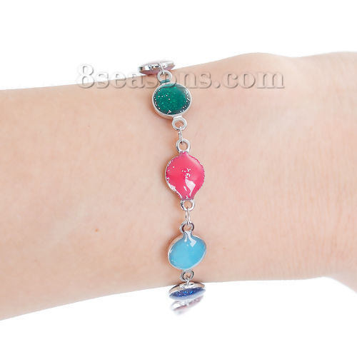 Picture of 304 Stainless Steel Bracelets Silver Tone Round Enamel Glitter 21cm(8 2/8") long, 1 Piece