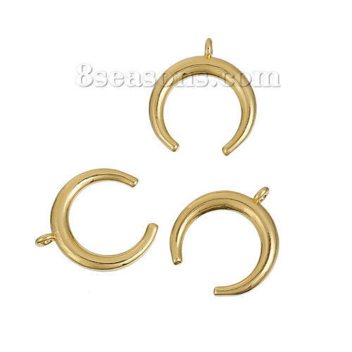 Imagen de Latón Bohemia Colgantes Charms Doble Cuerno Chapado en Oro Luna 17mm x 15mm, 2 Unidades