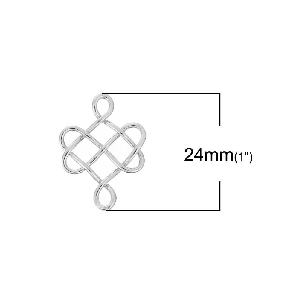 真鍮 コネクターパーツ 中国結び ケルトノット 銀メッキ 透かし 24mm x 18mm、 3 個 の画像