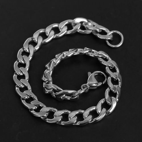 Picture of 304 Stainless Steel Lobster Clasp Link Curb Chain Bracelets Silver Tone 21cm(8 2/8") long, 1 Piece