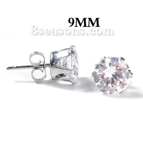 Picture of 304 Stainless Steel & Cubic Zirconia Ear Post Stud Earrings Silver Tone Transparent Clear Round 10mm( 3/8") x 9mm( 3/8"), Post/ Wire Size: (20 gauge), 1 Pair