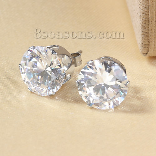 Picture of 304 Stainless Steel & Cubic Zirconia Ear Post Stud Earrings Silver Tone Transparent Clear Round 10mm( 3/8") x 9mm( 3/8"), Post/ Wire Size: (20 gauge), 1 Pair