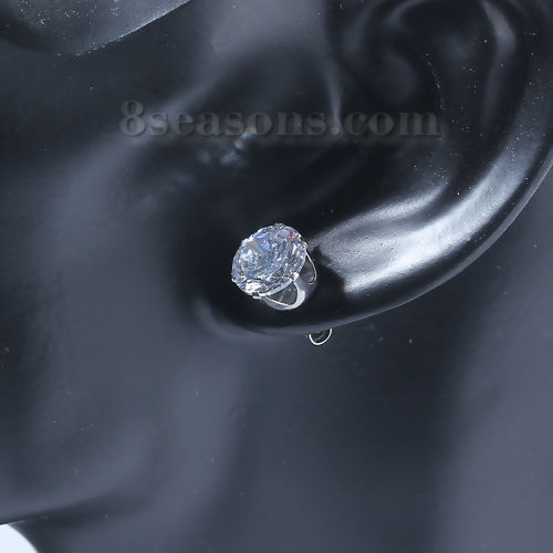 Picture of 304 Stainless Steel & Cubic Zirconia Ear Post Stud Earrings Silver Tone Transparent Clear Round 10mm( 3/8") x 9mm( 3/8"), Post/ Wire Size: (20 gauge), 1 Pair