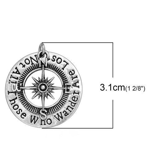 Picture of 20 PCs Brass Travel Pendants Antique Silver Color Compass Message " Not All Those Who Wander Are Lost " 31mm x 28mm