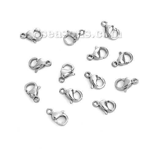 Picture of 304 Stainless Steel Lobster Clasp Findings Silver Tone 12mm x 7mm, 200 PCs