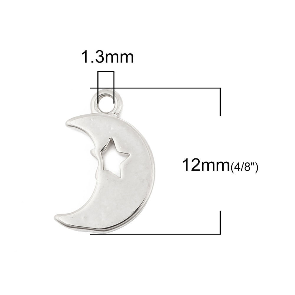 Picture of Brass Charms Half Moon 18K Real Platinum Plated Star 12mm( 4/8") x 8mm( 3/8"), 3 PCs