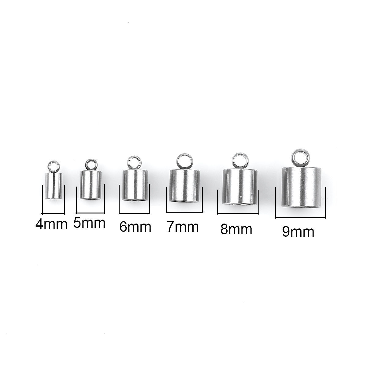 Picture of Stainless Steel Cord End Caps Cylinder Silver Tone Mixed (Fits 8mm - 3.3mm Cord) 14mm x9mm( 4/8" x 3/8") 9mm x4mm( 3/8" x 1/8"), 1 Box (Approx 48 PCs)