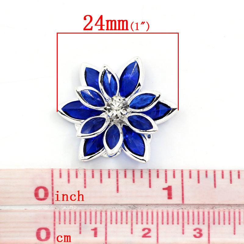 Picture of 10 PCs Brass Embellishments Flower Silver Plated Royal Blue Clear Rhinestone 24mm x 23mm