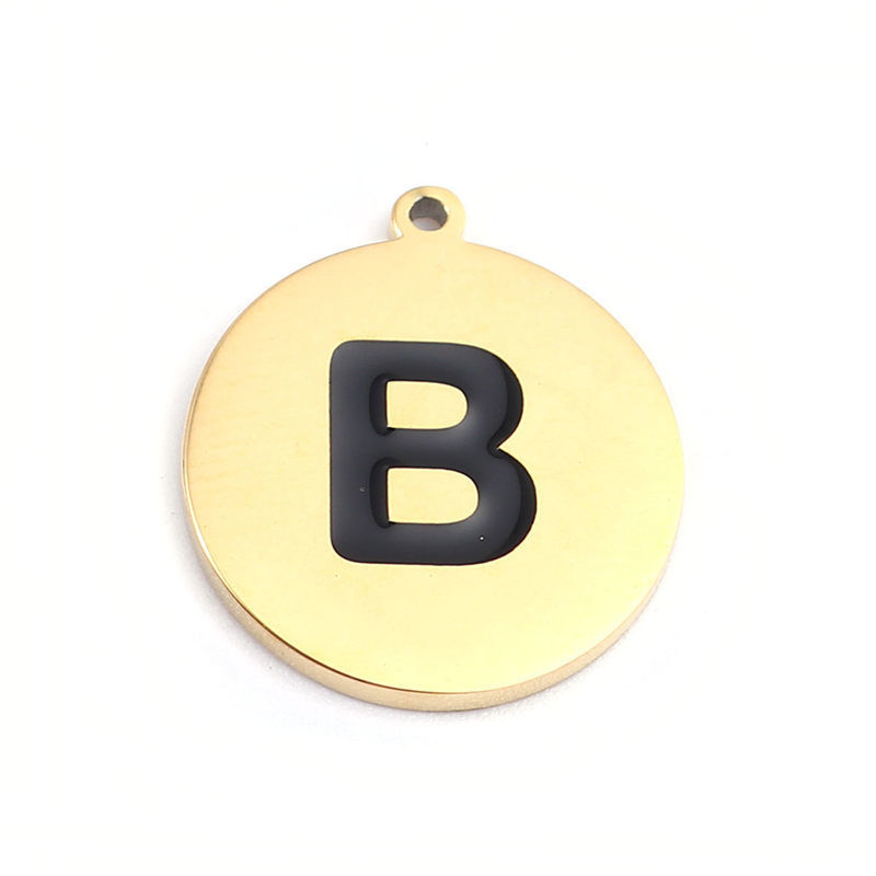 Picture of 304 Stainless Steel Charms Round Disc Gold Plated Black Initial Alphabet/ Capital Letter Message " K " Enamel 17mm x 15mm, 2 PCs