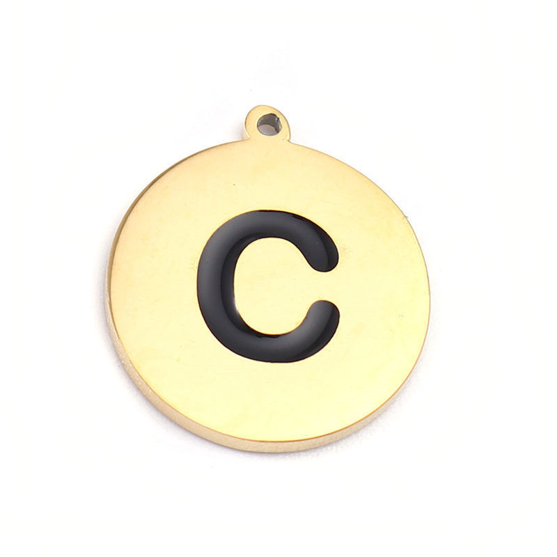 Picture of 304 Stainless Steel Charms Round Disc Gold Plated Black Initial Alphabet/ Capital Letter Message " K " Enamel 17mm x 15mm, 2 PCs