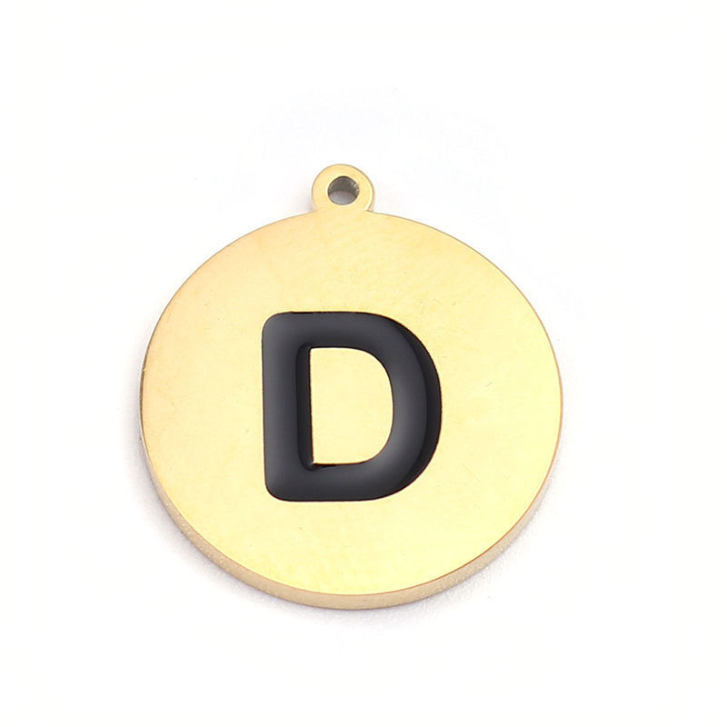 Picture of 304 Stainless Steel Charms Round Disc Gold Plated Black Initial Alphabet/ Capital Letter Message " K " Enamel 17mm x 15mm, 2 PCs