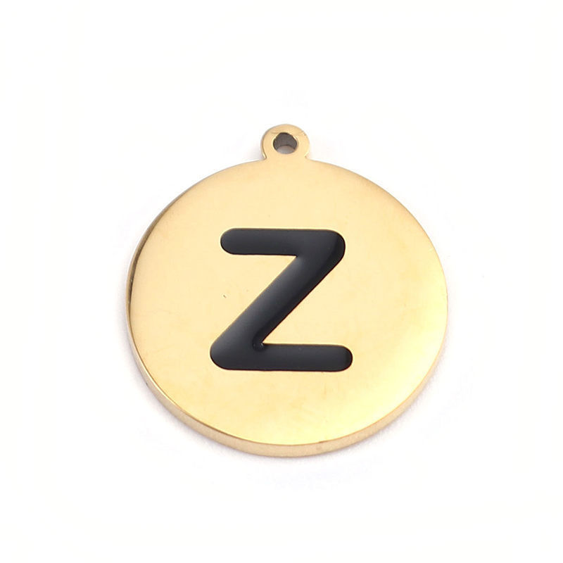 Picture of 304 Stainless Steel Charms Round Disc Gold Plated Black Initial Alphabet/ Capital Letter Message " K " Enamel 17mm x 15mm, 2 PCs