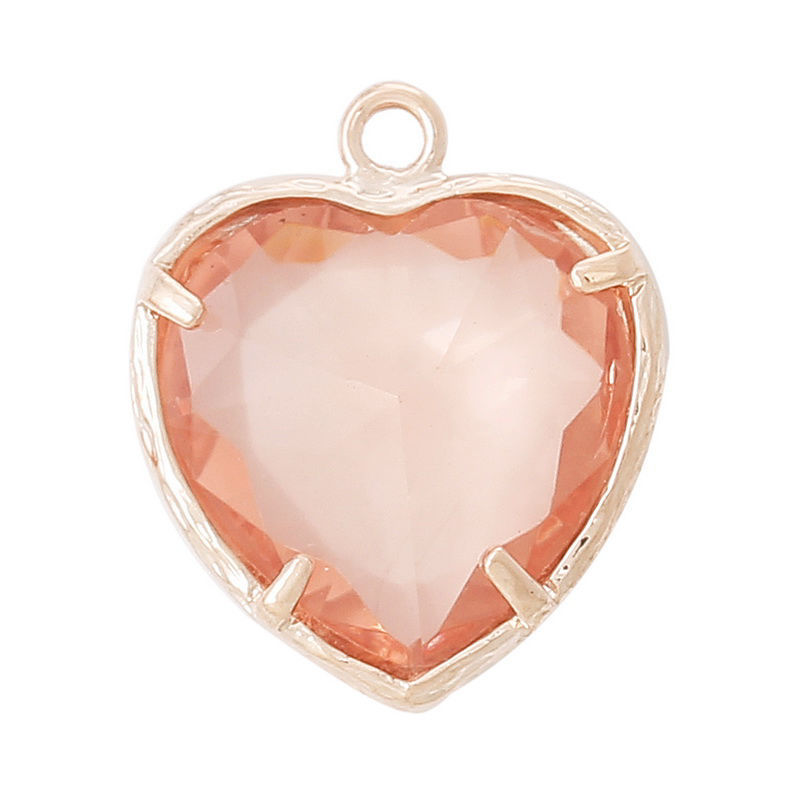 Bild von Messing Charm Anhänger November Geburtsstein Herz Roségold Orange Harz Strass Facettiert 19 mm (6/8 ") x 16 mm (5/8"), 5 Stück