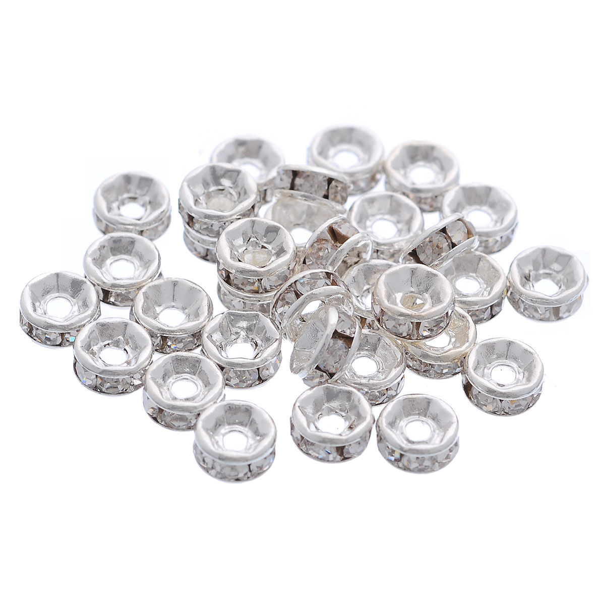 Image de Perle Rondelle Strass en Laiton Rond Argenté à Strass Transparent 5mm Dia, Taille de Trou: 1mm, 30 PCs