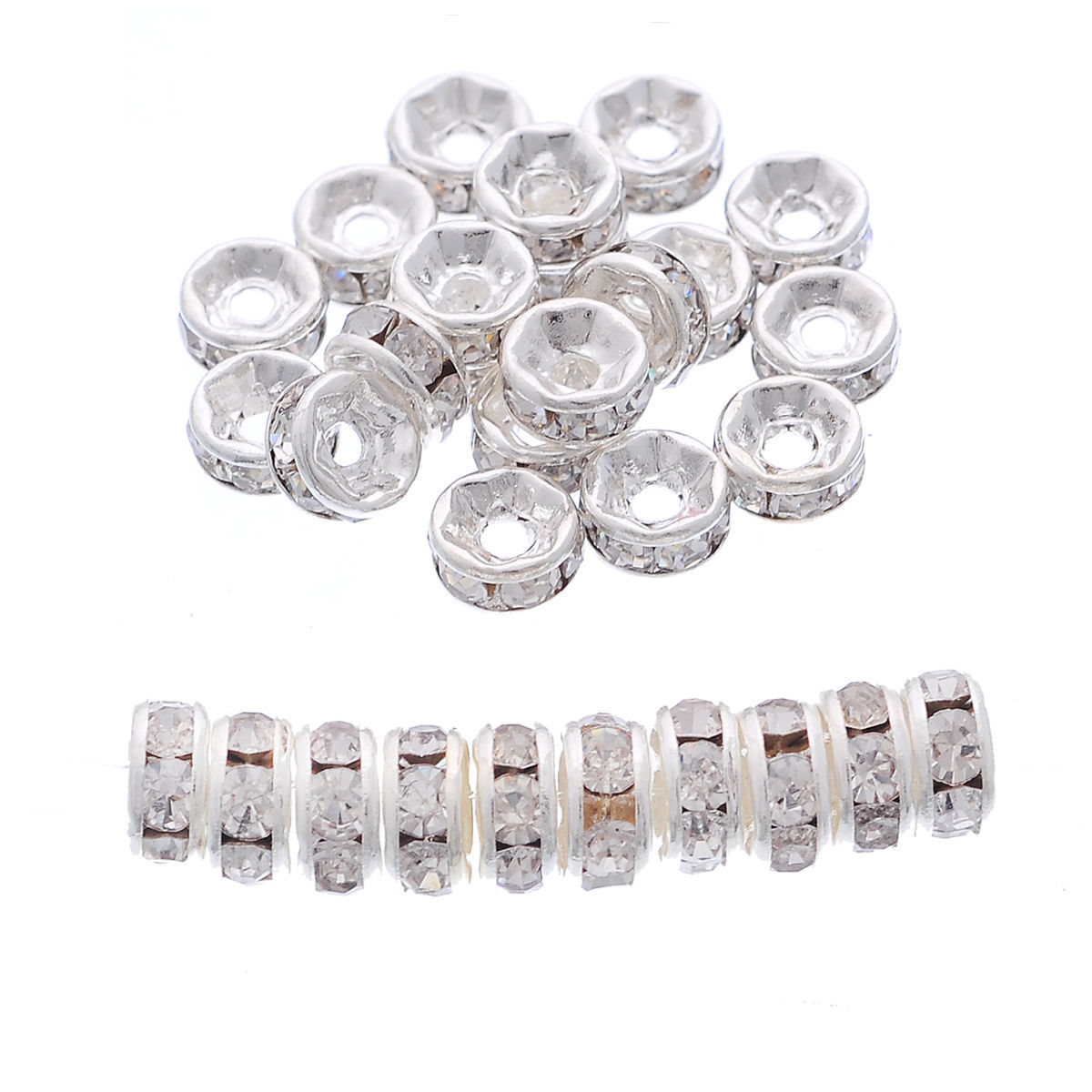 Image de Perle Rondelle Strass en Laiton Rond Argenté à Strass Transparent 5mm Dia, Taille de Trou: 1mm, 30 PCs