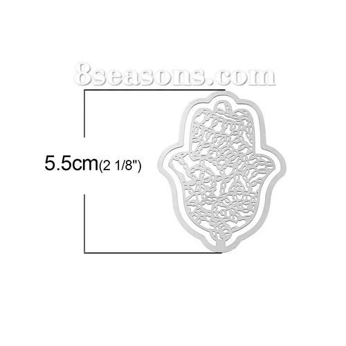Picture of 304 Stainless Steel Filigree Stamping Embellishments Findings, Hamsa Symbol Hand Silver Tone, Hollow Carved 55mm(2 1/8") x 40mm(1 5/8"), 10 PCs