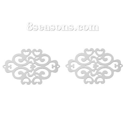 Picture of 304 Stainless Steel Filigree Stamping Connectors Findings Rhombus Silver Tone Heart Pattern Hollow 49mm(1 7/8") x 33mm(1 2/8"), 1 Piece