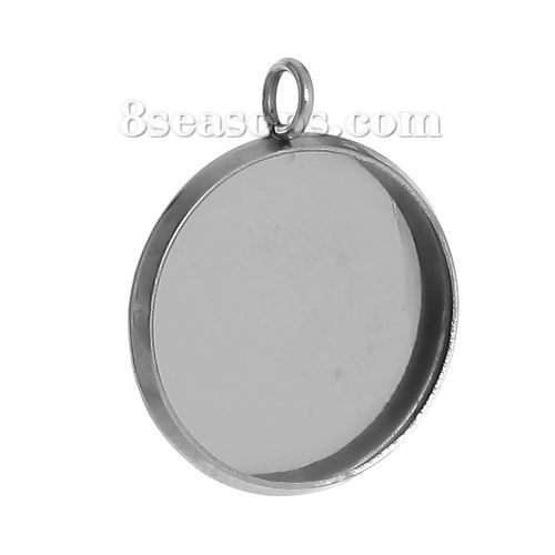 Picture of 304 Stainless Steel Cabochon Setting Pendants Round Disc Silver Tone (Fits 16mm Dia) 22mm( 7/8") x 18mm( 6/8"), 20 PCs