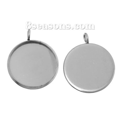 Picture of 304 Stainless Steel Cabochon Setting Pendants Round Disc Silver Tone (Fits 16mm Dia) 22mm( 7/8") x 18mm( 6/8"), 20 PCs