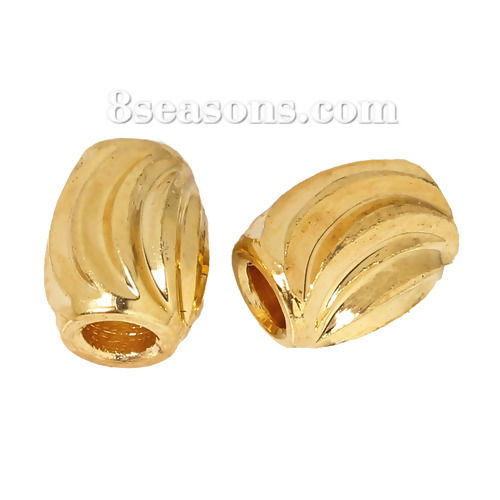 真鍮 メタル/金属 スペーサ ビーズ バレル 金メッキ ストライプ 彫刻 約 4mm x 3mm、 穴：約 1.2mm、 50 個 の画像