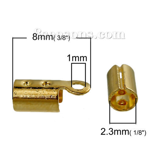 Picture of Brass Cord End Crimp Caps For Jewelry Necklace Bracelet Cylinder Gold Plated (Fits 2.3mm( 1/8") Cord) 8mm( 3/8") x 3mm( 1/8"), 200 PCs