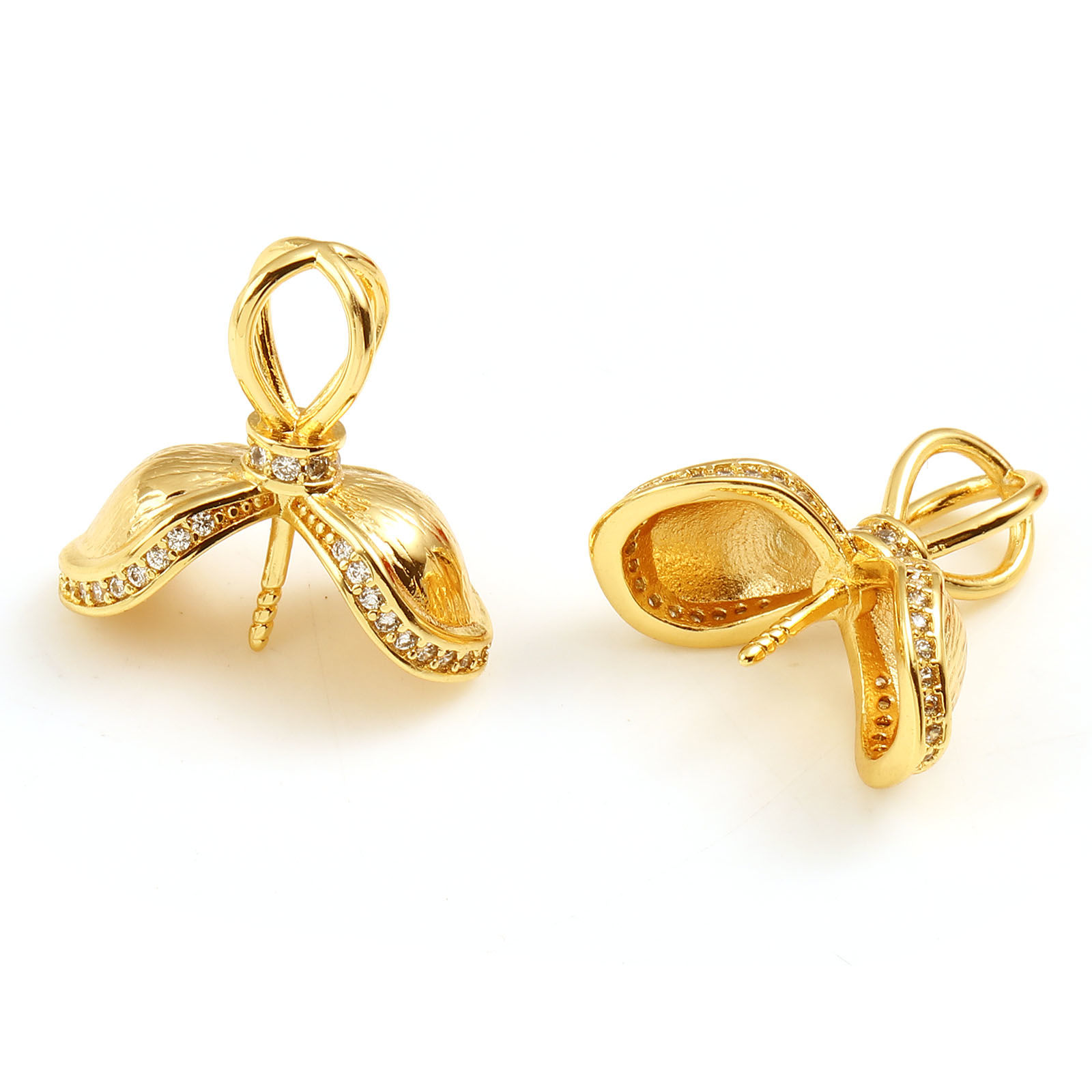 Immagine di Ottone Micro Intarsio Connettore Ciondolo Perla Bail Pin Cap 18K Vero Oro Placcato Foglia Spessore dell'ago: 0.8mm, Trasparente Strass 17mm x 16mm, 1 Pz