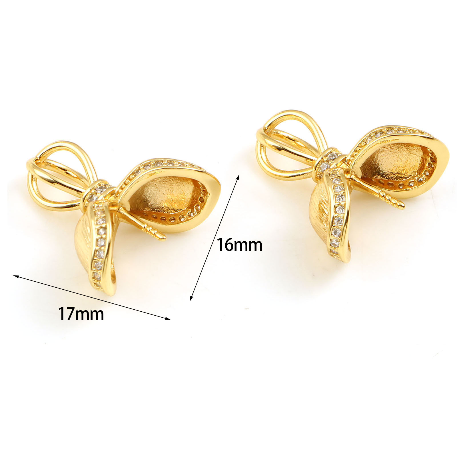 Immagine di Ottone Micro Intarsio Connettore Ciondolo Perla Bail Pin Cap 18K Vero Oro Placcato Foglia Spessore dell'ago: 0.8mm, Trasparente Strass 17mm x 16mm, 1 Pz