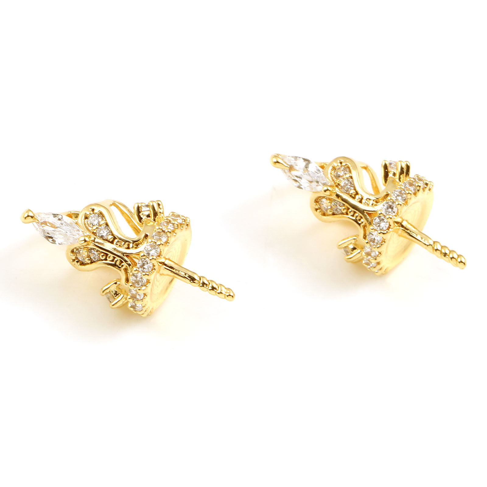 Immagine di Ottone Micro Intarsio Connettore Ciondolo Perla Bail Pin Cap 18K Vero Oro Placcato Corona Spessore dell'ago: 0.9mm, Trasparente Strass 15mm x 8mm, 1 Pz