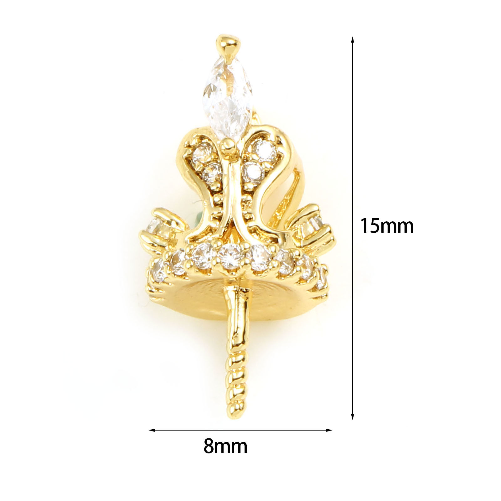 Immagine di Ottone Micro Intarsio Connettore Ciondolo Perla Bail Pin Cap 18K Vero Oro Placcato Corona Spessore dell'ago: 0.9mm, Trasparente Strass 15mm x 8mm, 1 Pz