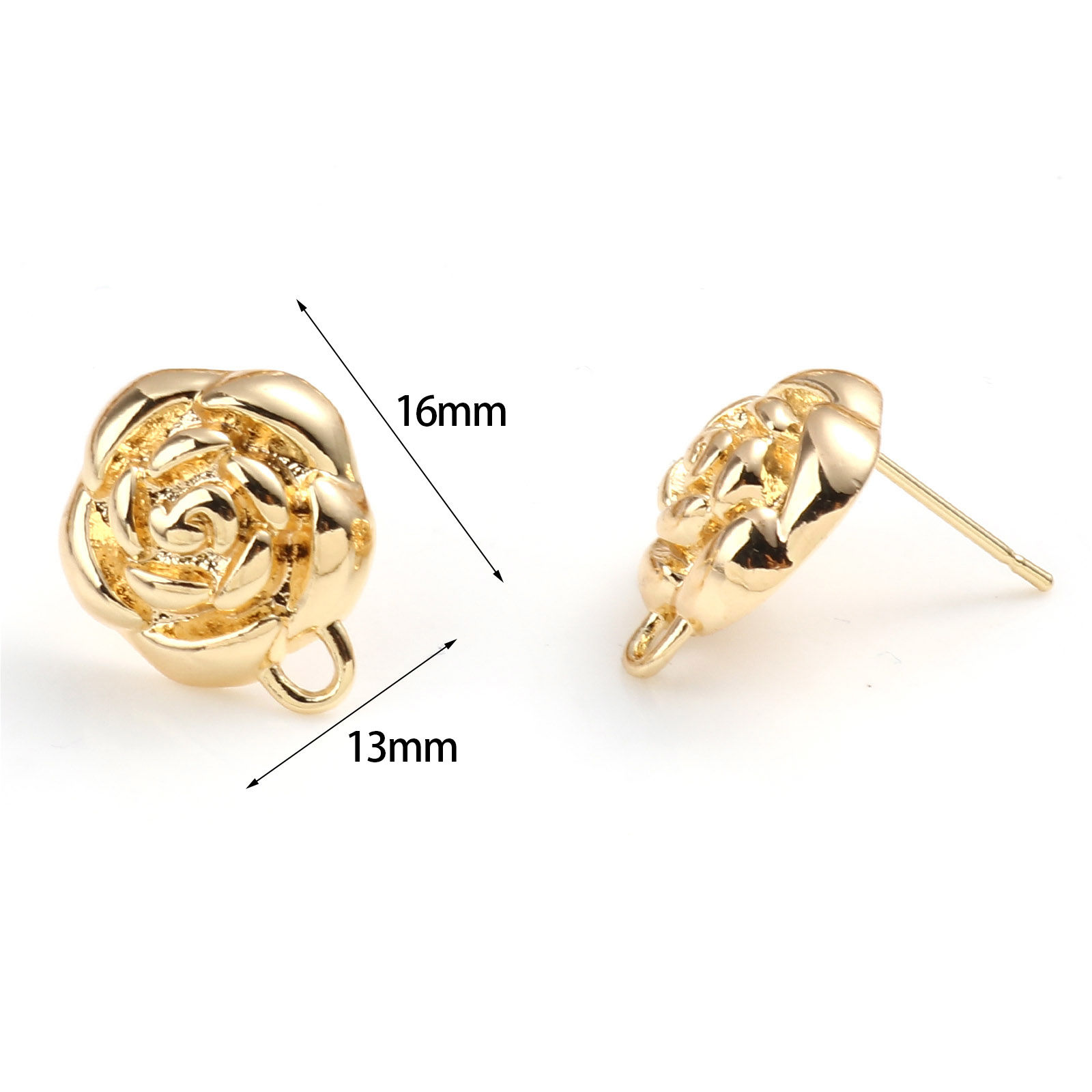 真鍮 ピアスイヤリングK18 18金リアルゴールドメッキ バラ ループ付き 16mmx 13mm、 ワイヤーサイズ: （21号）、 2 個 の画像