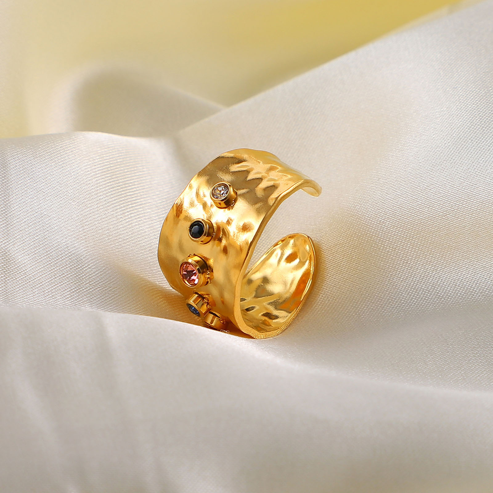 Picture of 1 Piece Vacuum Plating Simple & Casual Exquisite 18K Real Gold Plated Multicolor 304 Stainless Steel & Cubic Zirconia Open Geometric Rings For Women