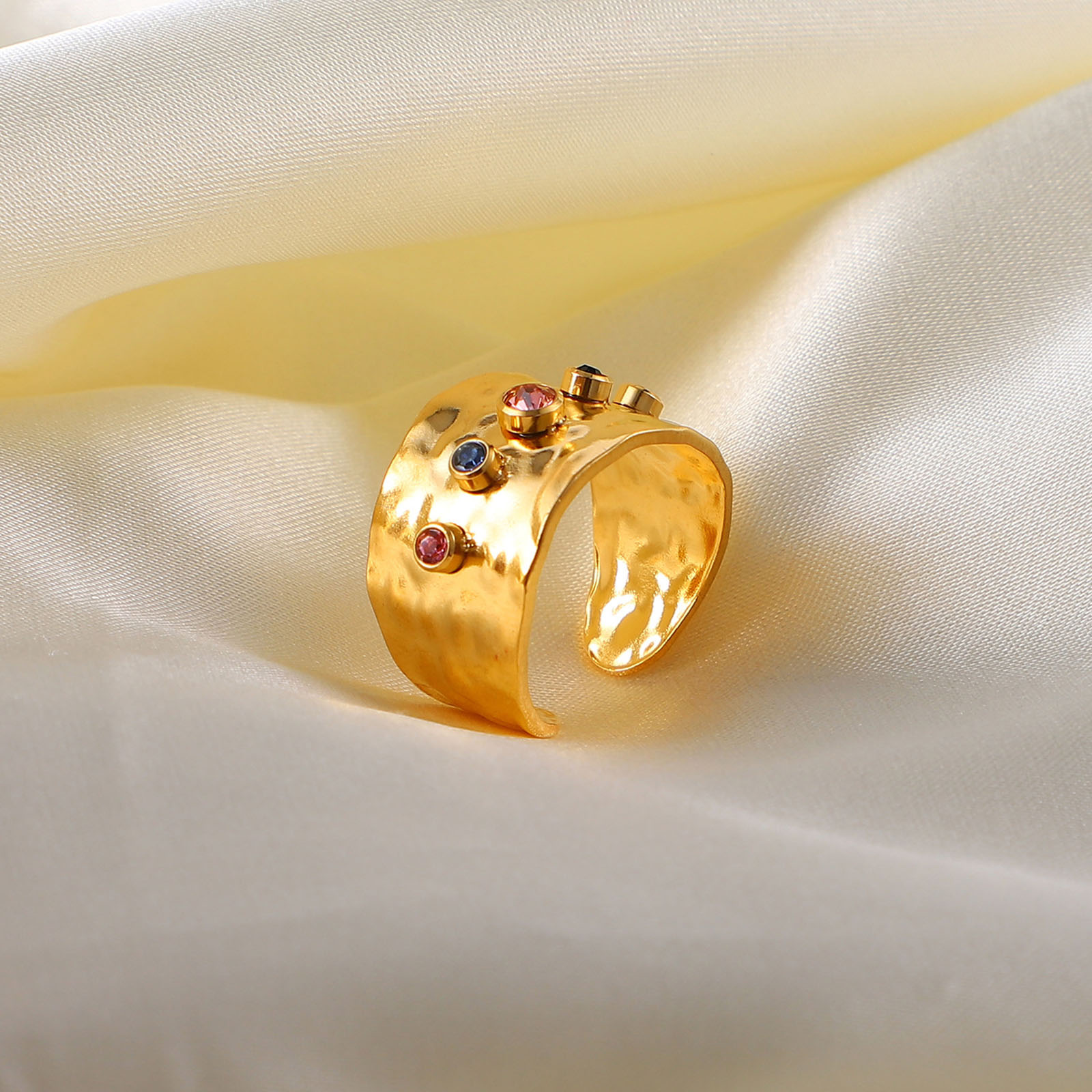 Picture of 1 Piece Vacuum Plating Simple & Casual Exquisite 18K Real Gold Plated Multicolor 304 Stainless Steel & Cubic Zirconia Open Geometric Rings For Women
