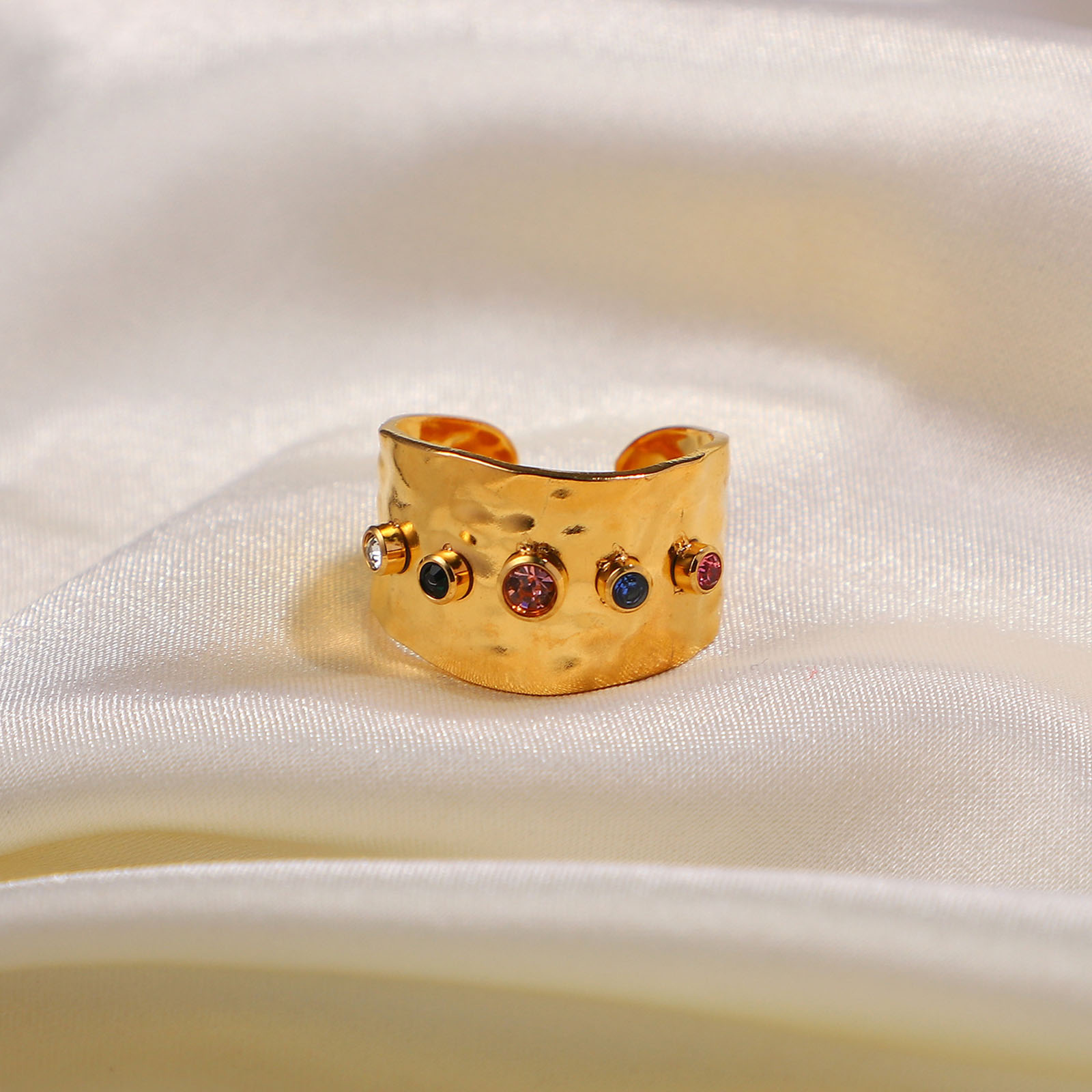 Picture of 1 Piece Vacuum Plating Simple & Casual Exquisite 18K Real Gold Plated Multicolor 304 Stainless Steel & Cubic Zirconia Open Geometric Rings For Women