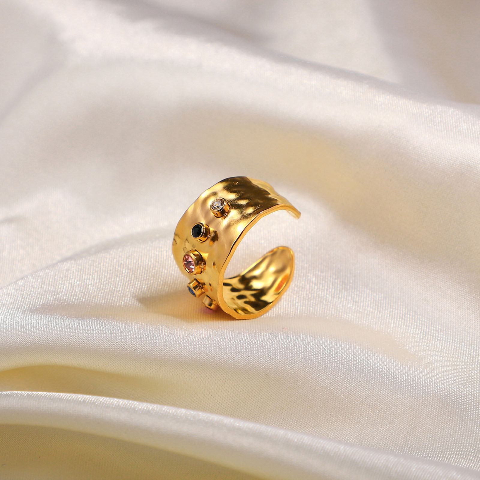 Picture of 1 Piece Vacuum Plating Simple & Casual Exquisite 18K Real Gold Plated Multicolor 304 Stainless Steel & Cubic Zirconia Open Geometric Rings For Women
