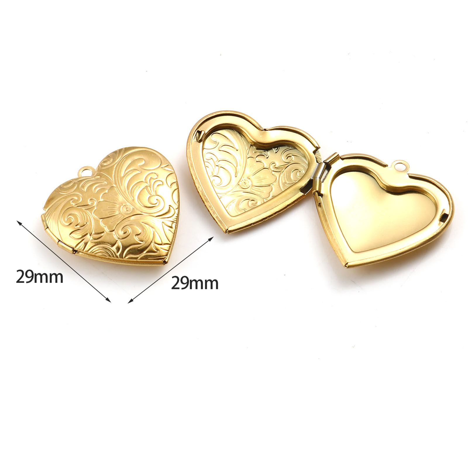 Picture of 1 Piece Eco-friendly PVD Vacuum Plating 304 Stainless Steel Picture Photo Frame Locket Charms Gold Plated Heart Carved Pattern Can Open (Fits 21mmx17mm) 29mm x 29mm