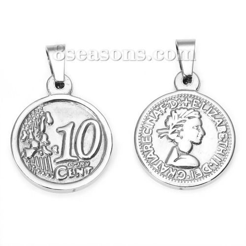 Picture of Stainless Steel Pendants Round Silver Tone Message " 10 CENT " Carved 30mm(1 1/8") x 19mm( 6/8"), 1 Piece
