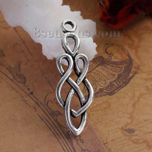 Picture of Brass Pendants Drop Antique Silver Color Celtic Knot Carved Hollow 35mm(1 3/8") x 12mm( 4/8"), 2 PCs