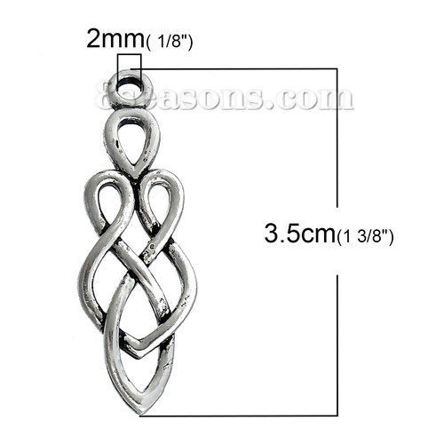 Picture of Brass Pendants Drop Antique Silver Color Celtic Knot Carved Hollow 35mm(1 3/8") x 12mm( 4/8"), 2 PCs