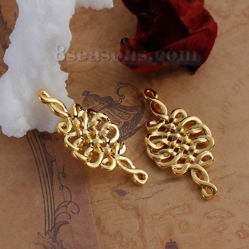 Picture of Brass Connectors Findings Rhombus Gold Plated Celtic Knot Carved Hollow 35mm(1 3/8") x 18mm( 6/8"), 2 PCs