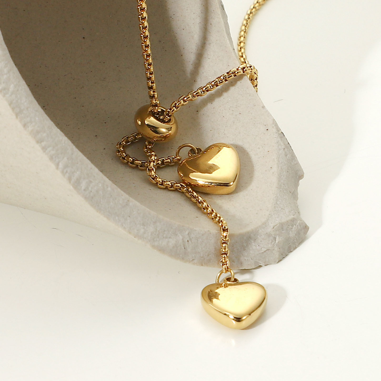 Imagen de 1 Unidad Enchapado al Vacío Acero Inoxidable Collar Lariat en forma de Y Chapado en Oro de 14K Corazón 35.5cm longitud