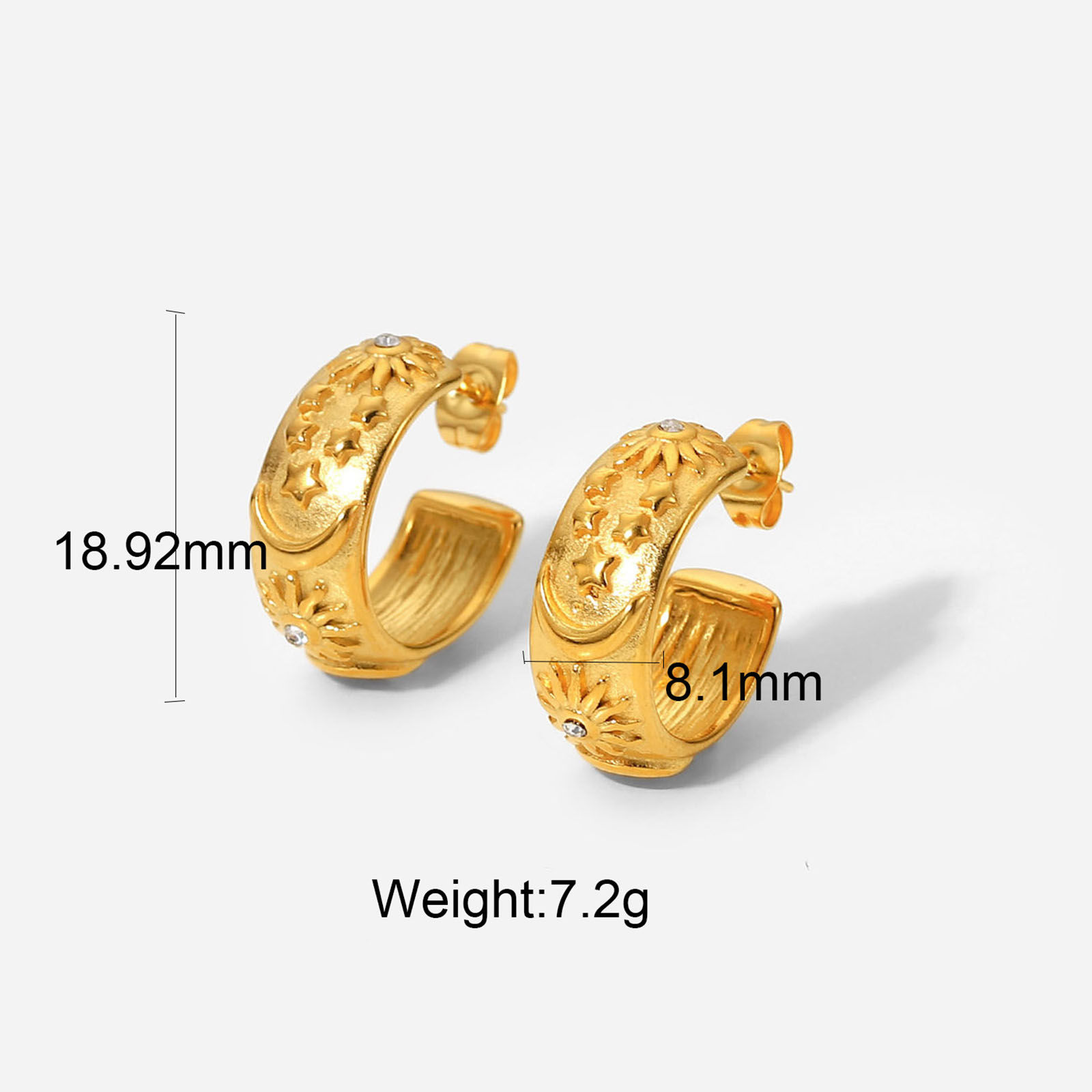 Picture of 1 Pair Vacuum Plating Stainless Steel Hoop Earrings 18K Real Gold Plated C Shape Sun Clear Cubic Zirconia 18.9mm