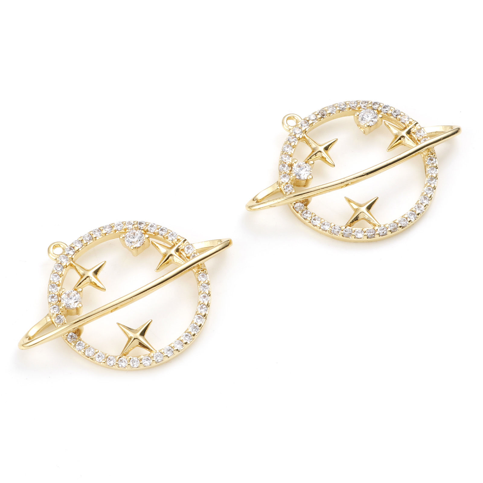 Image de Breloques Micro Pave en Laiton Etoile Plaqué Or Véritable Univers Planète à Zircone Cubique Clair 22mm x 18mm, 1 Pièce