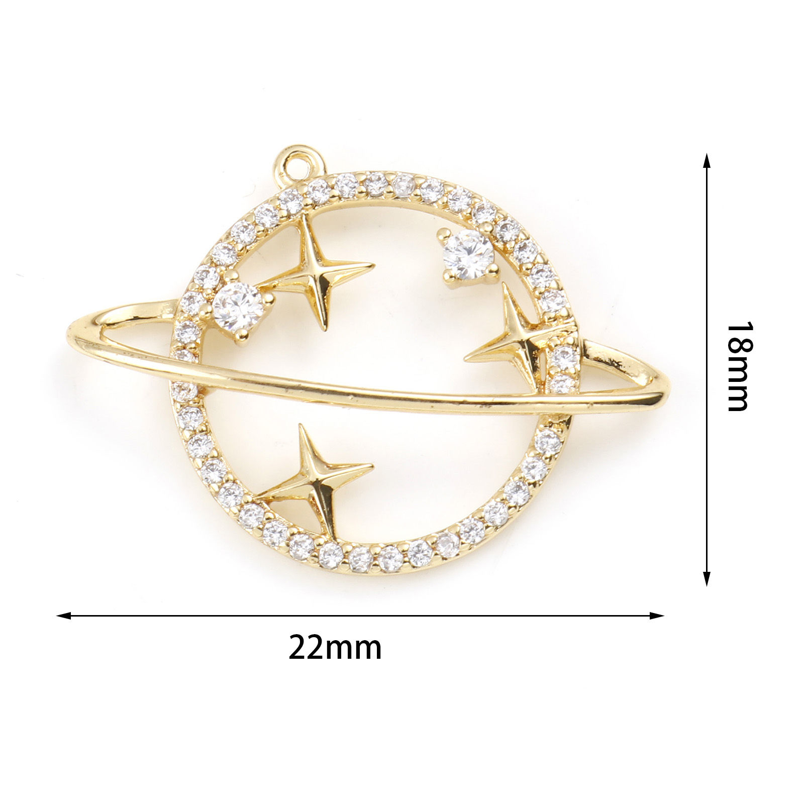 Image de Breloques Micro Pave en Laiton Etoile Plaqué Or Véritable Univers Planète à Zircone Cubique Clair 22mm x 18mm, 1 Pièce
