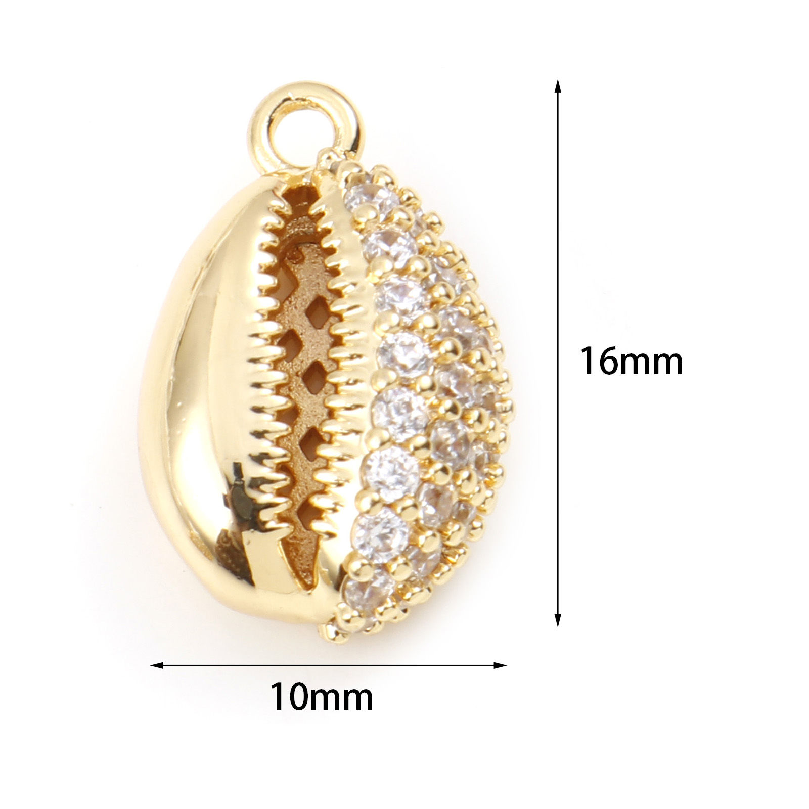 Image de Breloques Micro Pave en Laiton Coquille Plaqué Or Véritable à Zircone Cubique Clair 16mm x 10mm, 1 Pièce