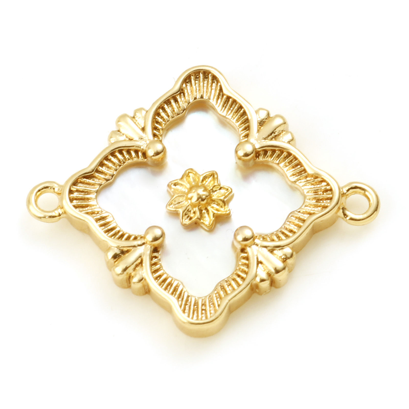 Picture of Shell & Brass Style Of Royal Court Character Connectors Real Gold Plated Rhombus Carved Pattern 17mm x 14mm, 1 Piece
