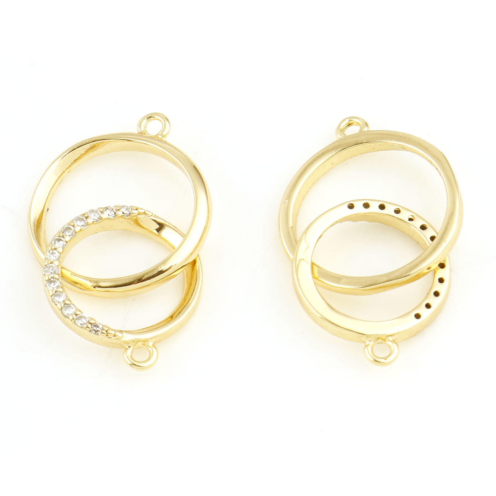 Image de Connecteurs en Laiton Plaqué Or Véritable Double Cercle à Zircone Cubique Clair 21mm x 13mm, 1 Pièce
